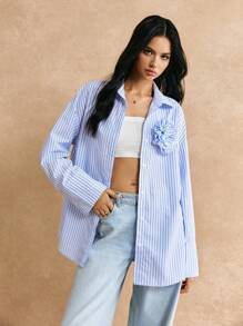 Poéselle 女式衬衫蓝色碎花衬衫 3D 碎花条纹长袖落肩休闲衬衫，秋季衬衫长袖女式衬衫女式衬衫可爱衬衫超大衬衫蓝色衬衫基础款纽扣海军蓝衬衫 2024 秋冬，冬装