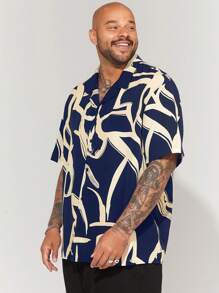 Manfinity VCAY 大码男士休闲编织修身常规肩立领短袖衬衫，适合夏季日常穿着 - 藍色 - 查看 6