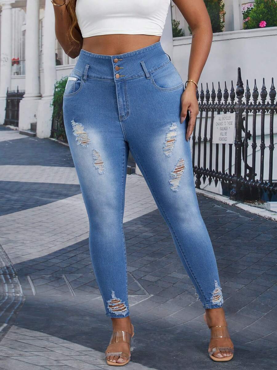 SHEIN Essnce 大码女式口袋破洞紧身休闲牛仔裤，百搭 - 中等水洗藍 - 查看 1