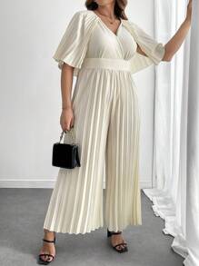 Celure Plus Size V-Neck Collared Foldover Jumpsuit With Long Sleeves