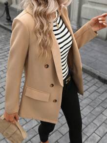 SHEIN LUNE Blazer Wanita Kerah Syal Kancing Ganda Musim Gugur/Dingin - Khaki - View 7