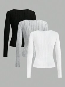 SHEIN EZwear 3 Packs Women Solid Knit Button Half Placket Long Sleeve Casual T-Shirt, Spring/Summer