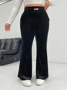 SHEIN EZwear Pantalones acampanados largos de unicolor simple con cinta, informales para uso diario de talla grande - Negro - Ver 4