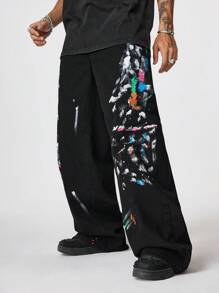 PAVTROS Manfinity Streetrush Men's Black Distressed Denim Wide Leg Jeans With Graffiti Print, Street Style Baggy Black Jeans, For Husband, Boyfriend Gifts