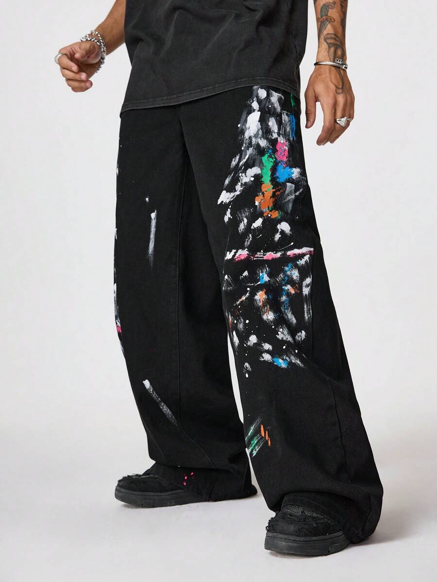 PAVTROS Manfinity Streetrush Men's Black Distressed Denim Wide Leg Jeans With Graffiti Print, Street Style Baggy Black Jeans, For Husband, Boyfriend Gifts