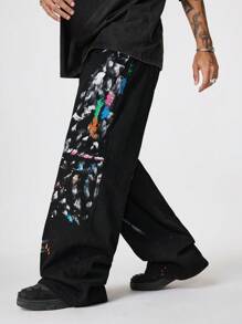 PAVTROS Manfinity Streetrush Men's Black Distressed Denim Wide Leg Jeans With Graffiti Print, Street Style Baggy Black Jeans, For Husband, Boyfriend Gifts