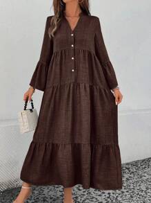 SHEIN LUNE 缺口领喇叭袖纯色连衣裙，休闲假日风格长款女装 - 咖啡棕 - 查看 6