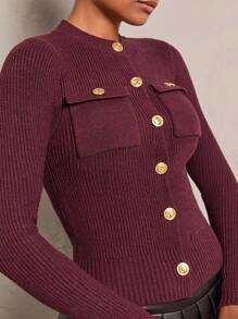 Glamine 1 件女式纯色长袖单排扣修身休闲开衫，秋季 - 棕色 - 查看 3