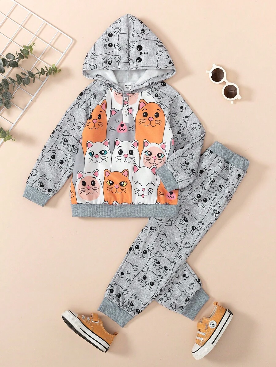 SHEIN 2 pièces Ensemble de sweat-shirt à capuche et pantalon à imprimé chat pour jeunes filles 2024 - Multicolore - Voir 1