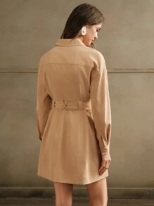 Anewsta Đầm ngắn tay bó eo kim loại thanh lịch cho nữ, trang phục đi làm - Màu Khaki - Xem 2
