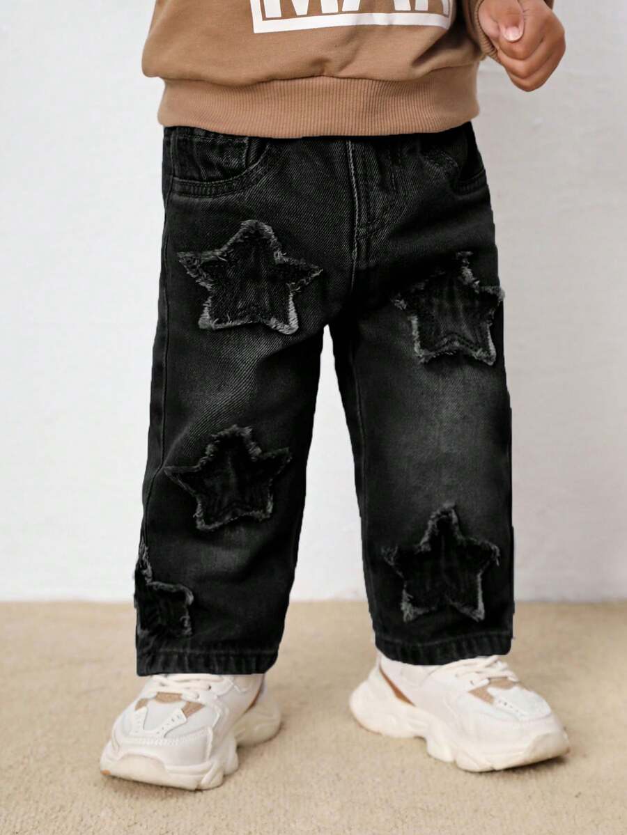 SHEIN Baby Boy Casual Stonewashed Cute Star Patchwork Straight Legs Blue Denim Jeans,For Fall And Winter Outdoor Wear - Black - View 1