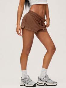 SHEIN BASICS Women's Comfortable Low Waist Sports Shorts With Slit, Casual Home Wear, Summer - Khaki - View 5