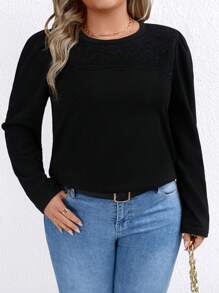SHEIN LUNE Plus Size Women Jednolity Kolor Okrągły Dekolt Długi Rękaw Casual T-shirt, Jesień