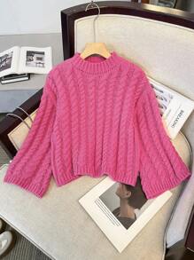 Jersey de punto con manga larga y cuello alto en unicolor fucsia para niñas preadolescentes, cálido para otoño e invierno - Rosa Fucsia - Ver 1