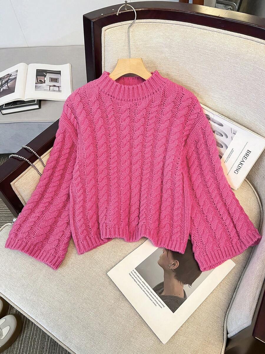 Jersey de punto con manga larga y cuello alto en unicolor fucsia para niñas preadolescentes, cálido para otoño e invierno - Rosa Fucsia - Ver 1
