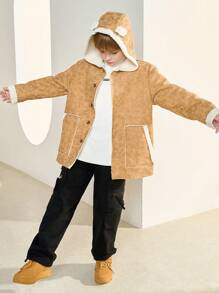 Tween Boy Cute Ear Decor Thickened Faux Suede Jacket - Brown - View 4