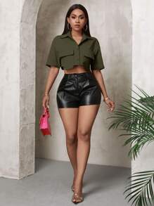 VaVaBold Camisa corta de manga corta de unicolor casual de mujer con dos bolsillos - Verde militar - Ver 6