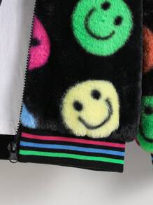 SHEIN Princess-Style Girls Long Sleeve Baseball Jacket,Multicolor Cartoon Happy Face Design,Autumn,Career Day,Fuzzy Fleece Coat For School & Everyday Wear - Black - View 4