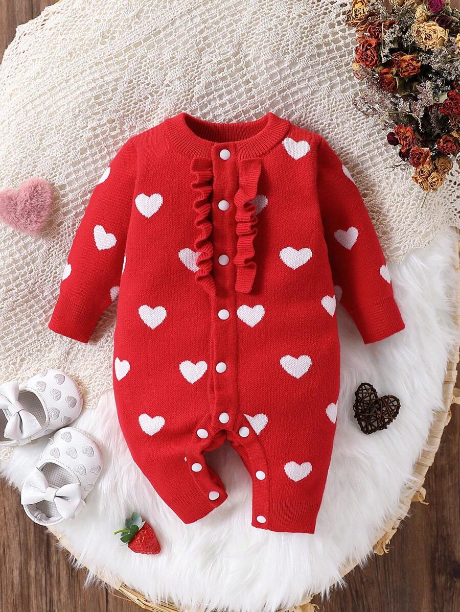 Bộ áo liền quần dệt kim dễ thương, thời trang, tối giản, phối bèo nhún cho bé gái, kiểu dáng hình trái tim. - Nhiều màu - Xem 1