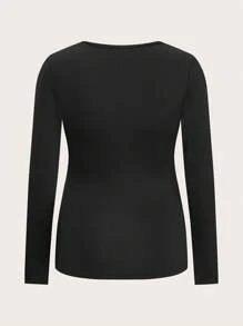 SHEIN 2pcs/Set Maternity Fitted Plush Lining Basic T-Shirt, Black, Autumn/Winter - Black - View 3