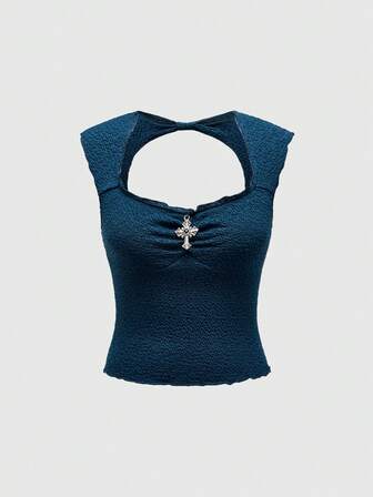 Grunge Punk 1 pieza Top camiseta ajustado con escote cruzado hueco y espalda descubierta para mujer