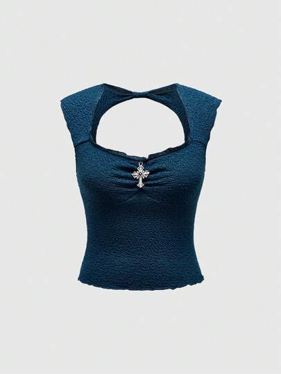 Grunge Punk 1 pieza Top camiseta ajustado con escote cruzado hueco y espalda descubierta para mujer