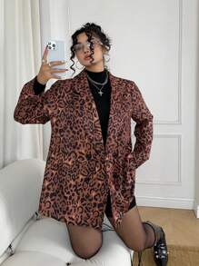 Calvaya Plus Size New Retro Oversized Chic Leopard Print Blazer For Women, Spring Autumn