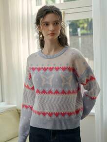 Simple Retro Áo len chui đầu in họa tiết cổ tròn màu sắc cho nữ - Màu xanh lam - Xem 5