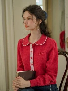 Simple Retro Women's Peter Pan Neck Patchwork Lace Sweater Cardigan - Red - View 5