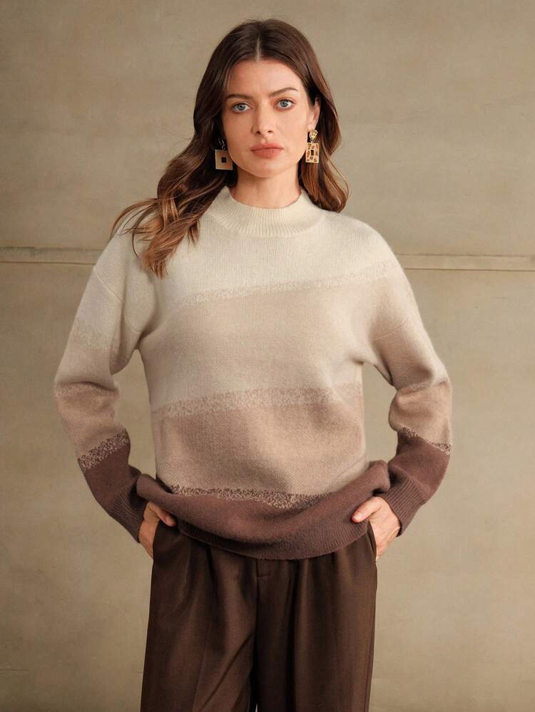 Christmas Crew Neck Long Sleeve Ombre Striped Contrast Color Elegant Pullover Sweater, Autumn/Winter, Knit Pullover Fall