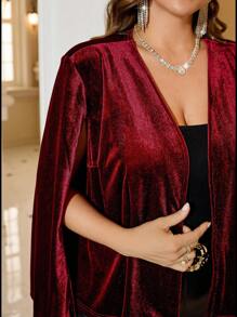 SHEIN Clasi Plus Size Women Wine Red Velvet Cape, Elegant Party Suit Jacket, Autumn Wedding Guest Formal Dress