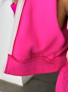 SHEIN 年轻女孩运动休闲针织拼布连帽衫运动服 - 玫紅色 - 查看 3