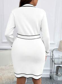 SHEIN Clasi 大码女式 V 领长袖单排扣优雅毛衣连衣裙，秋冬 - 白色 - 查看 2