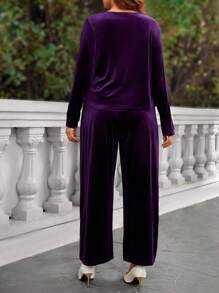 EMERY ROSE Plus Size Elegant Purple Pleated Top And Pockets Pants Two Pieces Winter Women Clothes - Purple - View 2