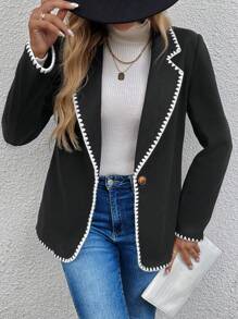 SHEIN LUNE Women's New Autumn/Winter Tweed Shell Trim Black Blazer Coat,Airport Outfits - Black and White - View 5