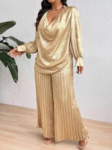 Celure 2pcs Plus Size Metallic Loose Blouse Top & Wide Leg Pleated Pants Set For New Year Holiday Party Clothes