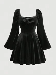 SHEIN MOD Plus Size Vintage Square Collar Ruffle Bust Pleated Flare Sleeve Velvet Dress Fall - Black - View 1