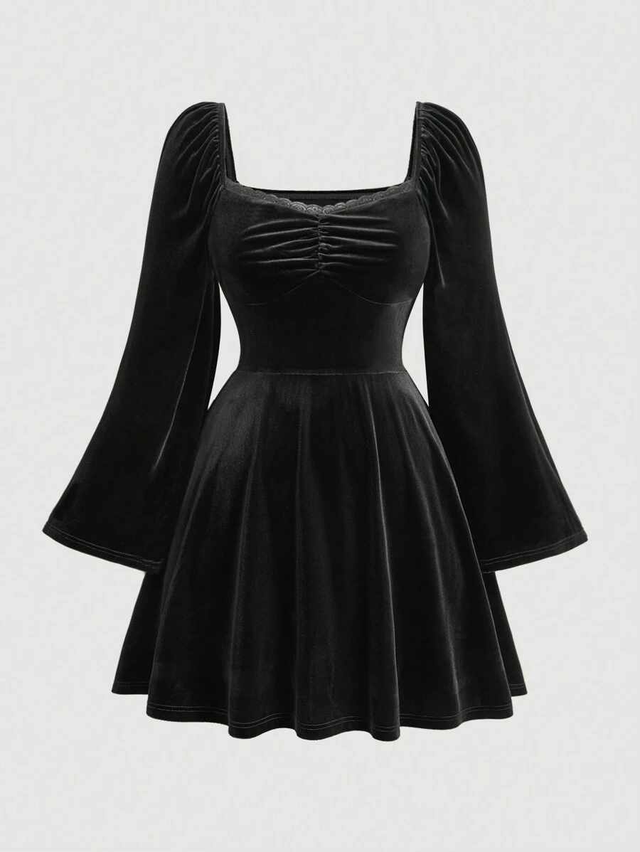 SHEIN MOD Plus Size Vintage Square Collar Ruffle Bust Pleated Flare Sleeve Velvet Dress Fall - Black - View 1
