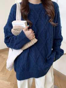 DAZY Women's Round Neck Loose Cable Knit Diamond Pattern Sweater, Sapphire Blue,Fall Clothes - Royal Blue - View 6