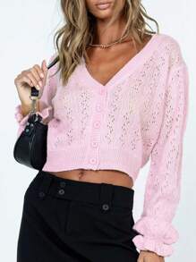 INAWLY Áo len cardigan ngắn cổ chữ V cho nữ, màu hồng dễ thương, phù hợp cho mùa thu, đông và xuân - Màu Hồng baby - Xem 3