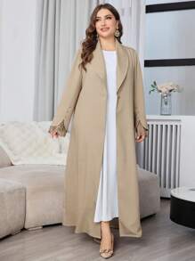 Al Najma 大码独特翻领风格阿拉伯长袍夹克，带蕾丝袖口，优雅的阿拉伯长袍连衣裙，适合工作/休闲日常/晚间活动 - 杏色 - 查看 1