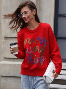 Femmeiva 1pc Letter Sequin 3D Embroidered Crew Neck Long Sleeve Knitted Sweater, Random Color Fall Winter - Red - View 4