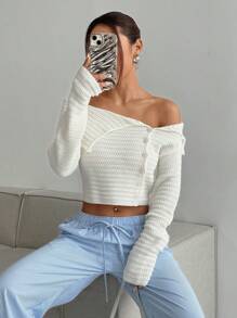 SHEIN Unity 女士休闲纯色性感前开露肩开衫，秋季 - 白色 - 查看 1