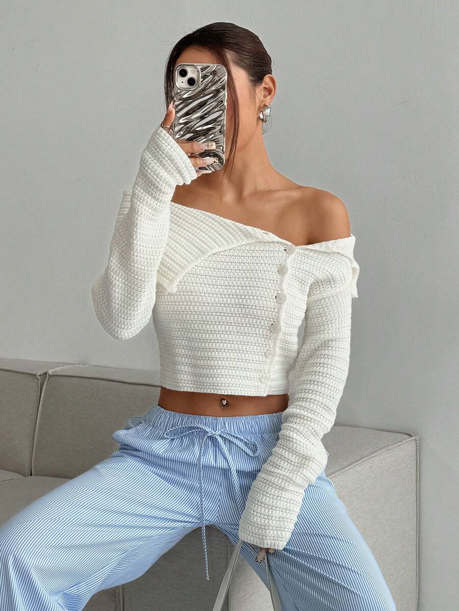 SHEIN Unity 女士休闲纯色性感前开露肩开衫，秋季 - 白色 - 查看 1