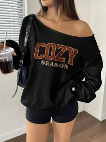 SHEIN Unity Y2K 露肩字母印花双面运动衫