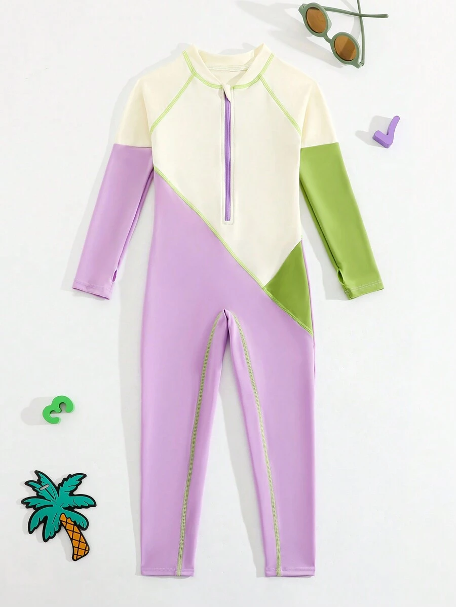 Traje de baño y pareo de una pieza con mangas largas y bloques de color para niña - Multicolor - Ver 1