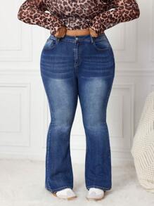 SHEIN CURVE+ Plus Size Blue Denim Elasticated Jeggings, Casual Flared Leg - Medium Wash - View 2