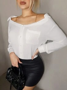 Zolique Women's Cold-Shoulder Chain Decor Drop Shoulder Pockets Elegant Blouse - White - View 1