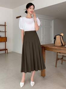 DAZY Women Casual Solid Color Pleated Mid-Length Skirt, For Everyday Wear In Autumn - Chocolate Brown - View 5