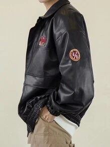 DAZY Men Letter Print Black Leather Jacket, Autumn - Black - View 3